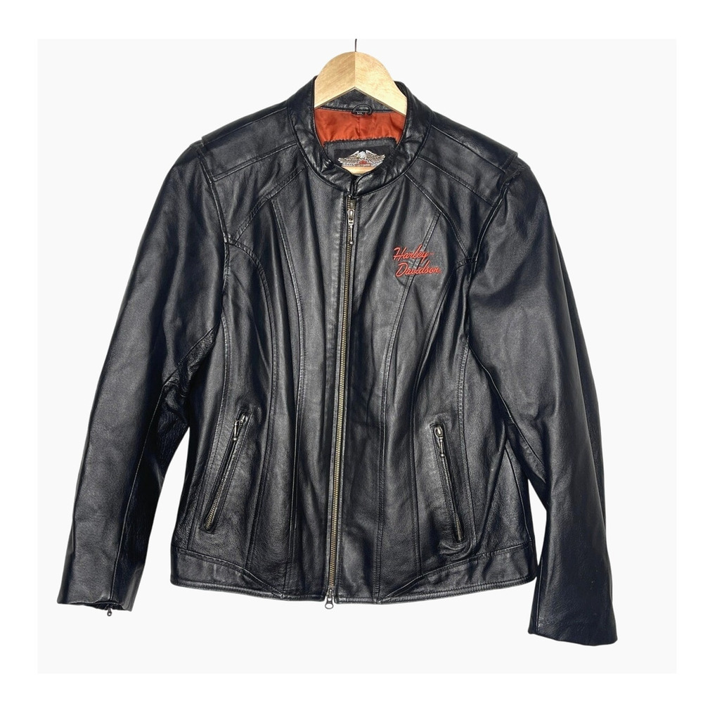 Harley Davidson XL Heavy Leather Motorcycle Jacket $450 Logo Riding Moto Black